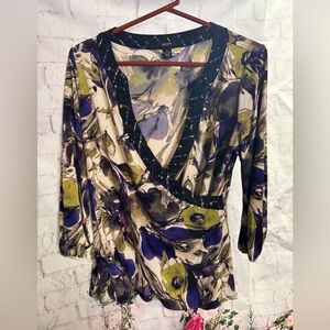 Alfani Women's Artistic Floral Top - Purple and Green